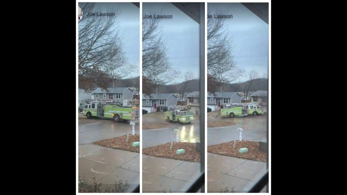 A fire truck spun out of control on an icy road in suburban St. Louis, Missouri, video shows.