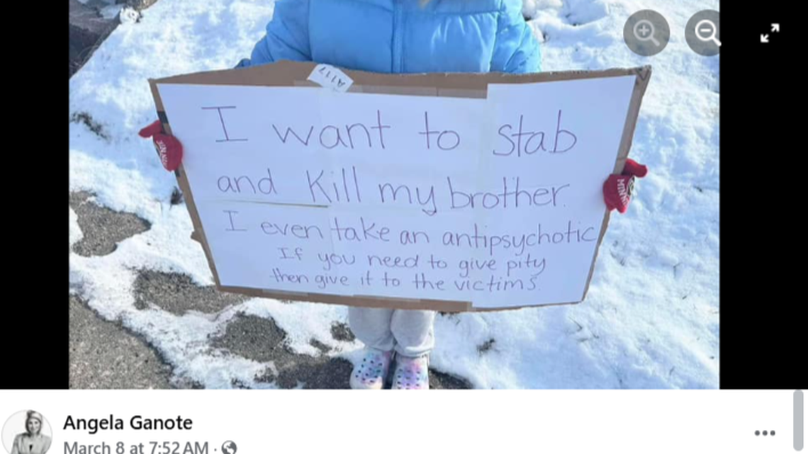 A 6-year-old girl in Indiana was forced to stand outside holding a sign saying, “I want to stab and kill my brother,” police said.