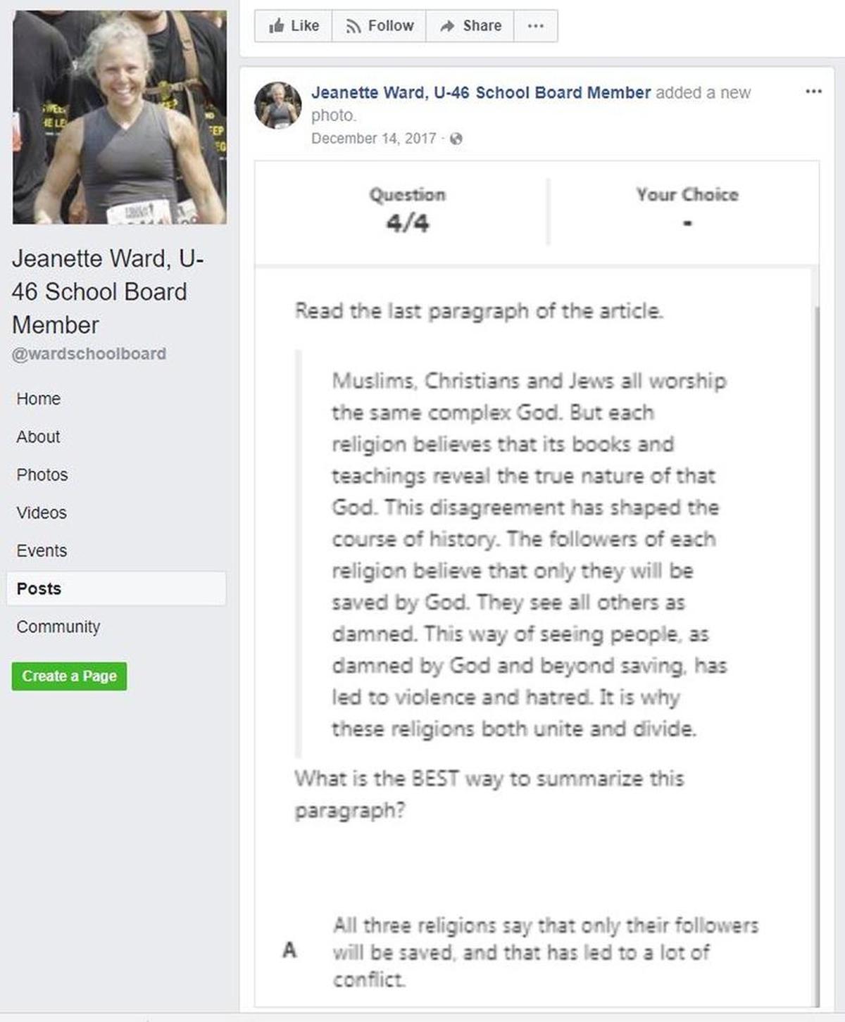 The homework task assigned to a school board member’s sixth-grade daughter was posted to Facebook, sparking outrage in some, a call for unity in others.