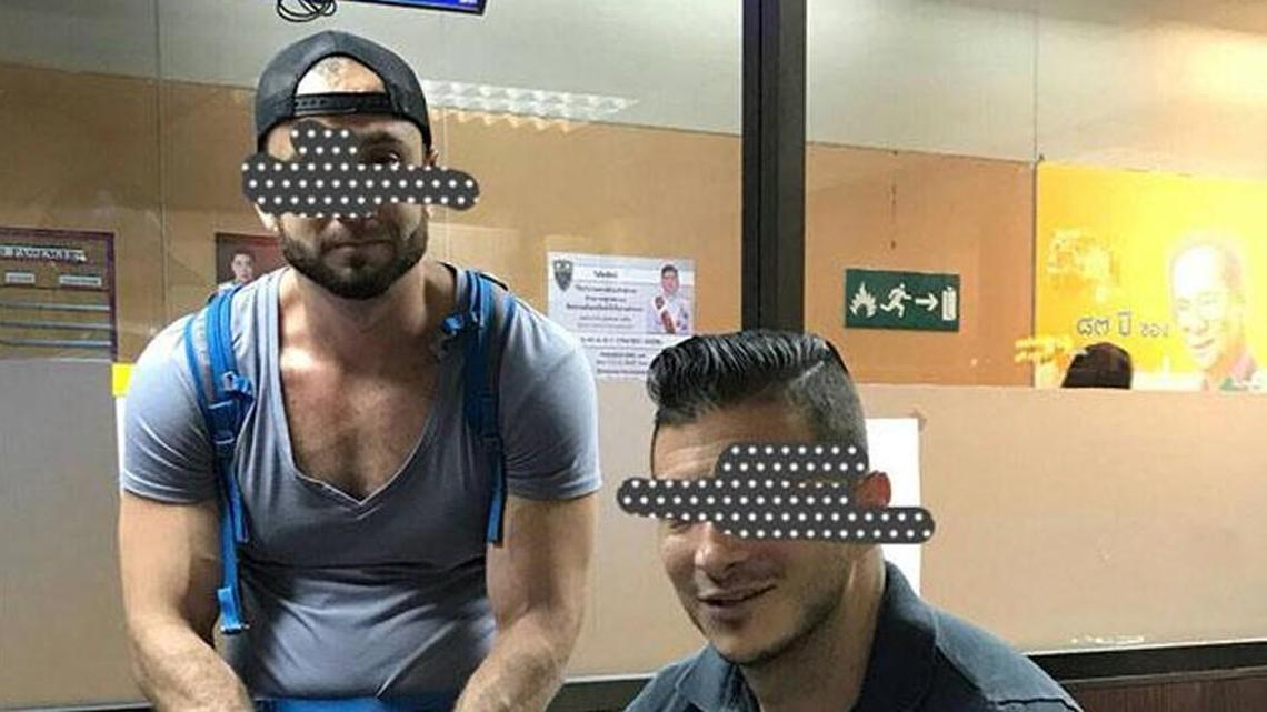 The Immigration Bureau in Bangkok released this photo of two Americans who were arrested for baring their bottoms at a sacred Buddhist temple there.
