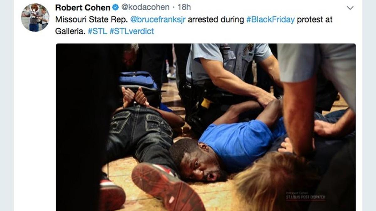 Missouri state Rep. Bruce Franks Jr. was among seven arrested at a St. Louis mall on Black Friday during a protest of injustices faced by African-Americans.