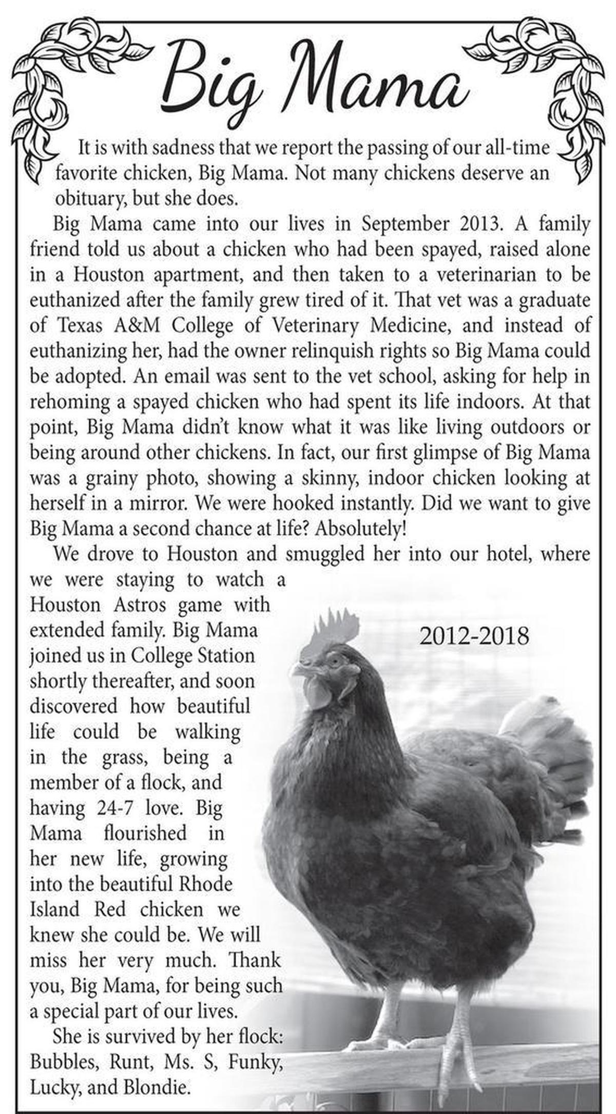 Big Mama’s paid obituary ran in The Eagle newspaper on Tuesday.
