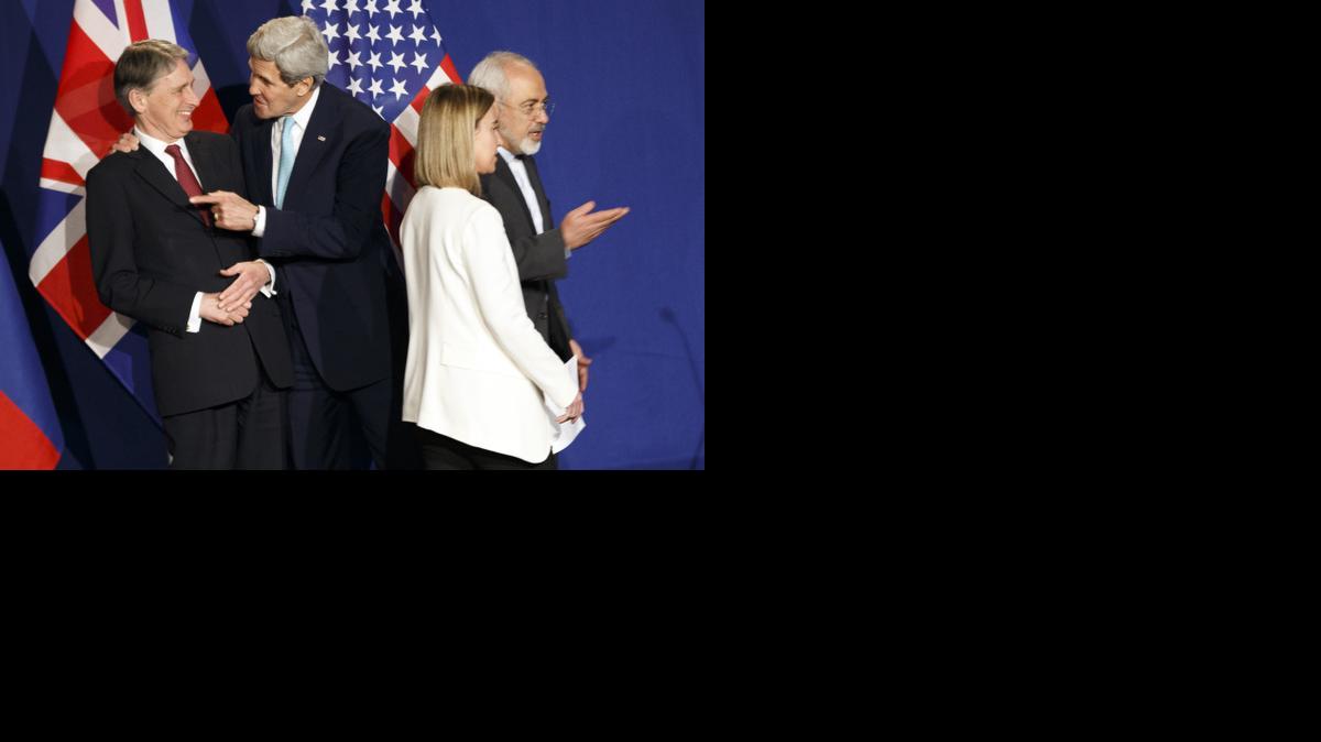 
British Foreign Secretary Philip Hammond, left, U.S. Secretary of State, John Kerry, 2nd left, EU High Representative for Foreign Affairs and Security Policy, Federica Mogherini, second right, and Iranian Foreign Minister, Mohammad Javad Zarif
