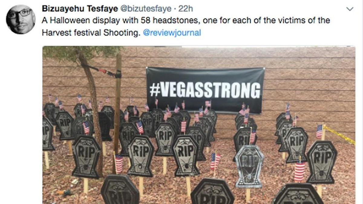 A homeowner’s display of tombstones for the victims of the Oct. 1 mass shooting in Las Vegas has been removed after widespread criticism.