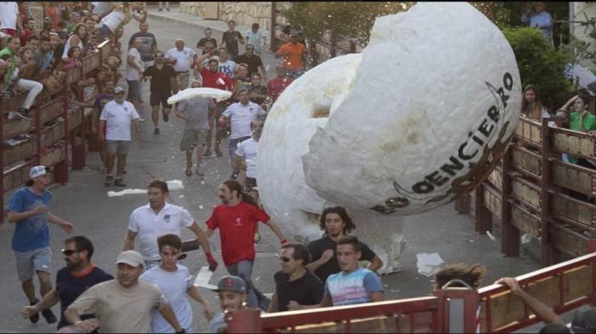 Think Indiana Jones running from that giant boulder. That’s what the annual “running of the balls” looks like in the Spanish town of Mataelpino north of Madrid, where one spectator was seriously injured this month.