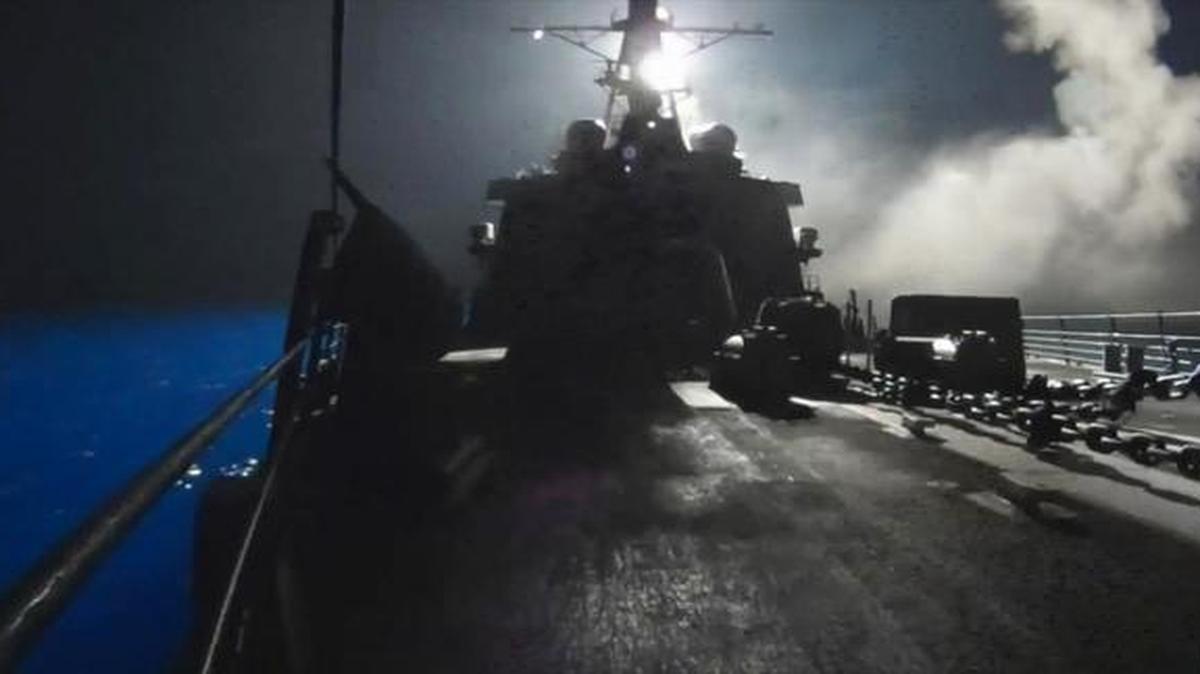 
In this image made from video released by the U.S. Navy on Tuesday, Sept. 23, 2014, missiles bound for Syrian Islamic State group targets are launched off of a U.S. Navy ship. 
