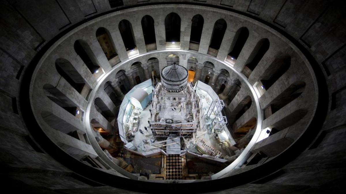The shrine that houses the traditional burial place of Jesus is undergoing restoration inside the Church of the Holy Sepulchre in Jerusalem.