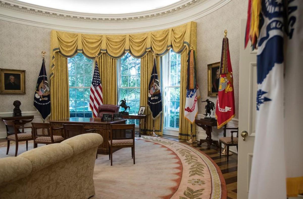 The newly renovated Oval Office of the White House in Washington, Tuesday, Aug. 22, 2017, is seen during a media tour. (AP Photo/Carolyn Kaster)