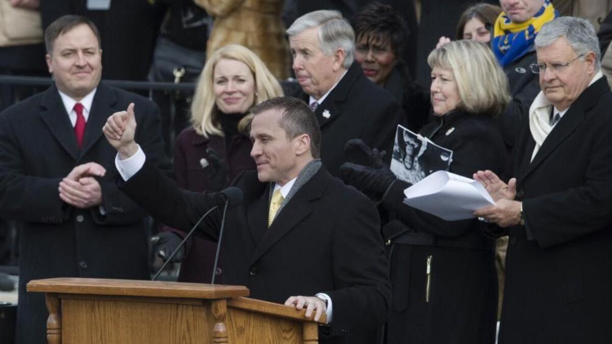 Eric Greitens gave a thumbs up after taking the oath of office Jan. 9, 2017, on the steps of the Capitol in Jefferson City.