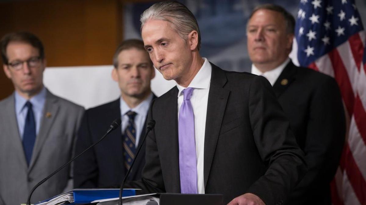 House Benghazi Committee Chairman Rep. Trey Gowdy, R-S.C., second from right, joined by other Republican members of the panel, discusses the release of his final report on the 2012 attacks on the U.S. consulate in Benghazi, Libya, where a violent mob killed four Americans, including Ambassador Christopher Stevens, Tuesday, June 28, 2016, during a news conference on Capitol Hill in Washington. From left are, Rep. Peter Roskam, R-Ill., Rep. Jim Jordan, R-Ohio, Gowdy and Rep. Mike Pompeo, R-Kan.