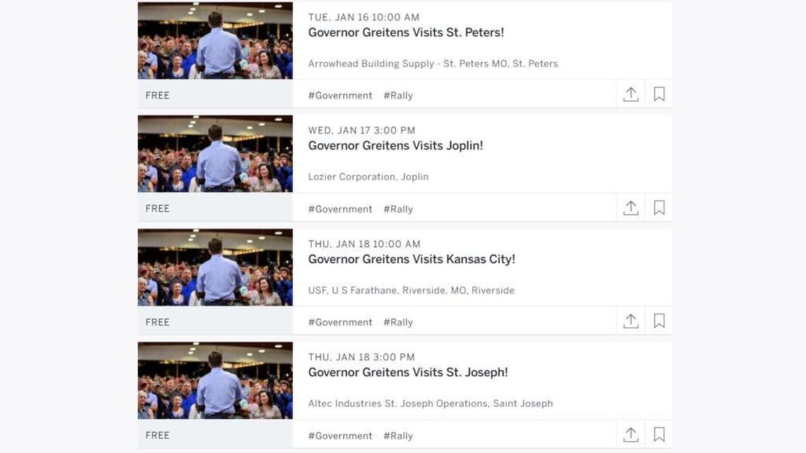 A webpage on Eventbrite had previously listed events around the state for Gov. Eric Greitens. The events are no longer listed on the site.