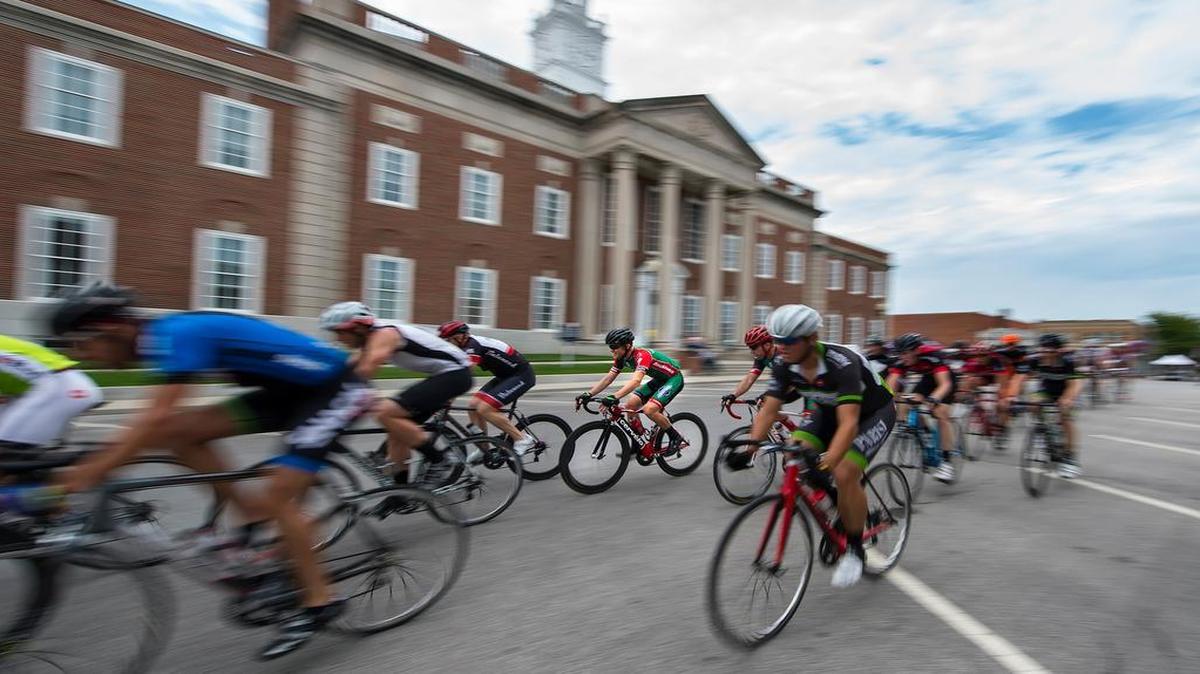 
Cyclists raced past the Independence courthouse on Sunday during a men's race in the Square Criterium of the Truman Cup.
