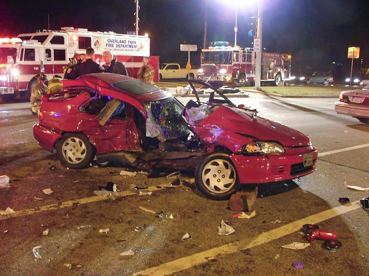 In 2004, a Grandview police officer engaged in a pursuit hit this car in Leawood at 81 mph, severely injuring a 16-year-old in the passenger-side seat. Johnson County prosecutors charged the two officers involved in the chase with misdemeanor reckless driving.