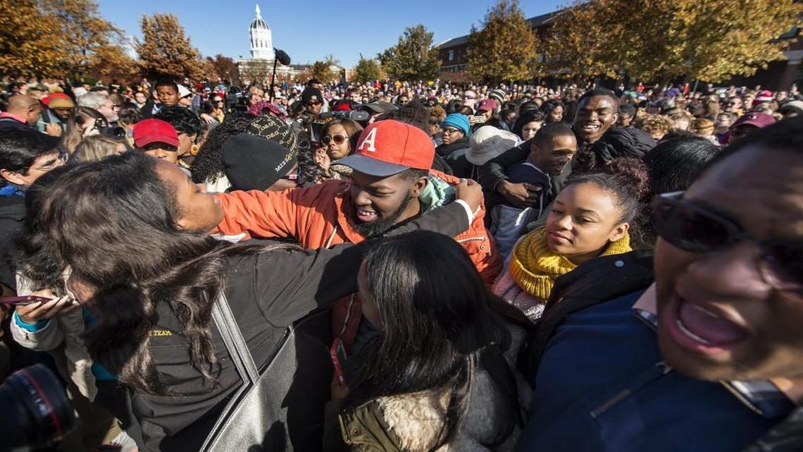 Student protesters celebrated Monday on Traditions Plaza at the University of Missouri after Tim Wolfe, the president of the University of Missouri system, announced his resignation. Wolfe had come under fire for his response to racially motivated incidents on the Columbia campus.