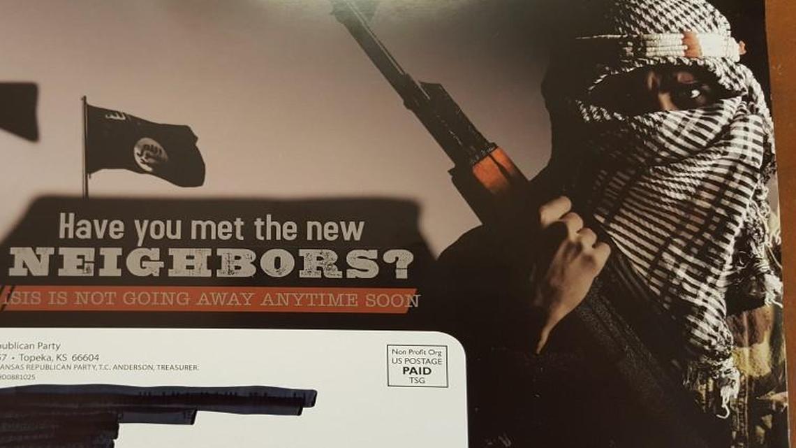 In fall 2016, the Kansas Republican Party sent out this mailer in a district in Wichita for the Kansas House. The mailer showed an ISIS fighter standing in front of a windmill with the message: “Have you met the new neighbors?”