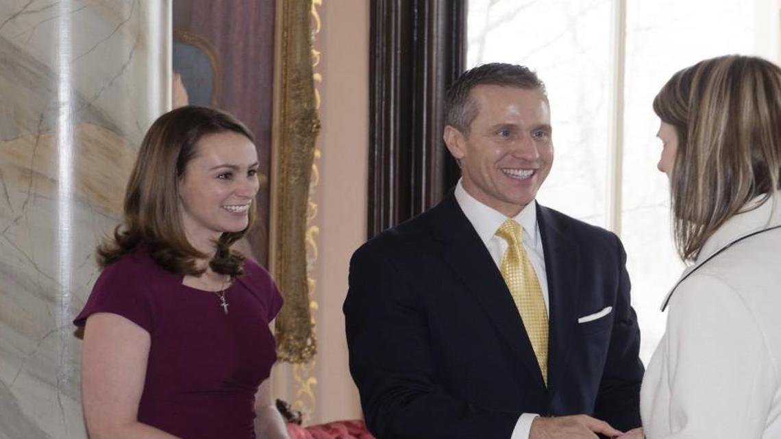 Missouri Gov. Eric Greitens and his wife, Sheena Greitens (left), announced a new family leave policy Monday.