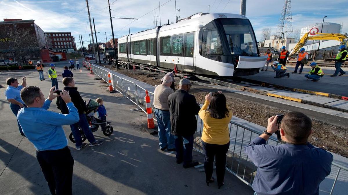 Kansas City’s second new streetcar was the center of attention on Wednesday at Second and Grand.