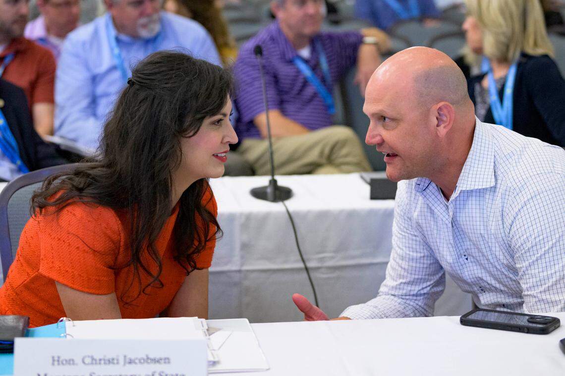 Kansas Secretary of State Scott Schwab talked with Montana Secretary of State Christi Jacobsen as they attended the summer conference of the National Association of Secretaries of State in Baton Rouge, Louisiana, earlier this month. Republican Secretaries of State across the country are a mixed bag on the views they have on the perceived threat of voter fraud.