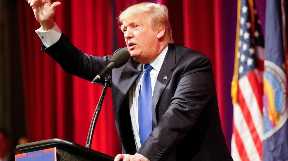 Donald Trump speaks to a crowd in Wichita ahead of the GOP caucus in March 2016.