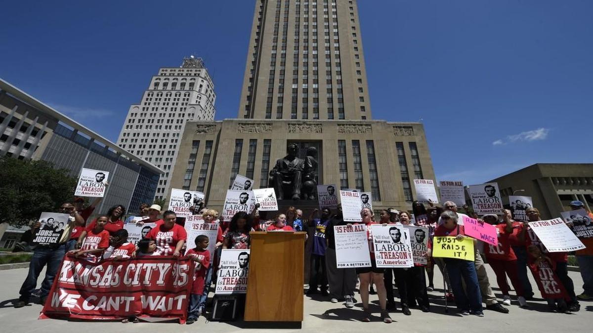
Protesters, including fast-food workers and local clergy, converged on City Hall in June to urge the Kansas City Council to increase the minimum wage in the city to $15 an hour by 2020. The city is trying to block such a proposal from going to voters in November, which was the subject of a hearing Monday in Jackson County Circuit Court.

