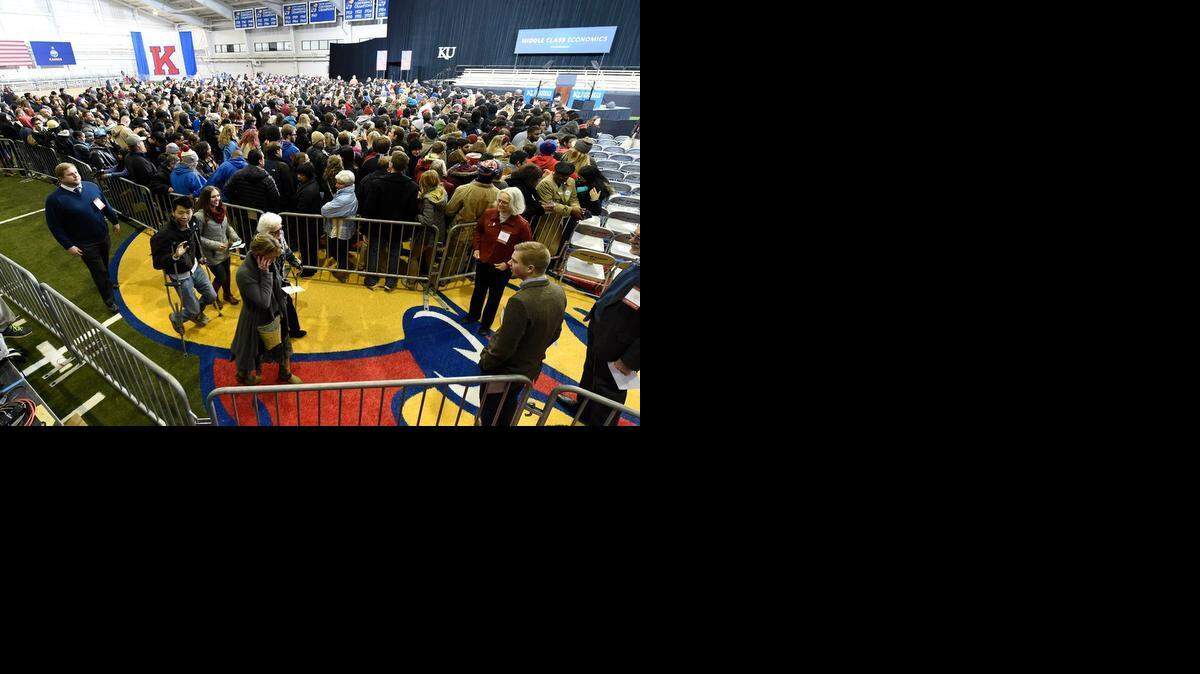 
President Barack Obama during Thursday's visit to the University of Kansas on January 22, 2015, in Lawrence, Kan.
