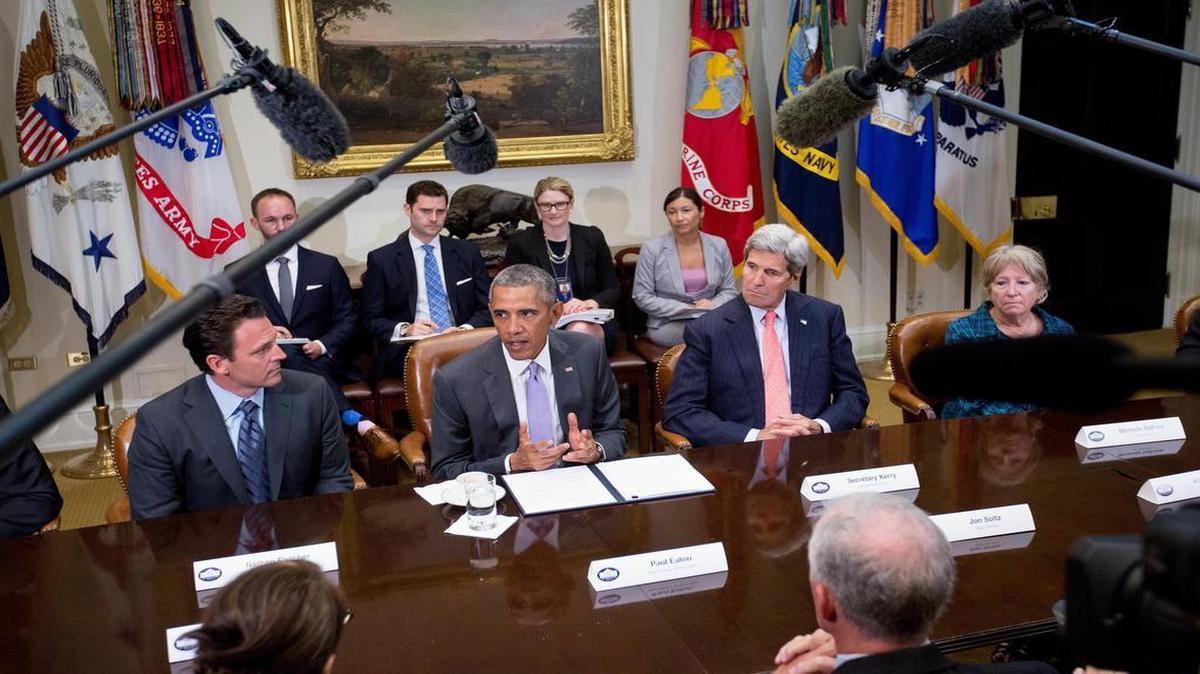 
Before the Senate action Thursday afternoon, President Barack Obama made a last-minute appeal for the Iran nuclear accord as he met at the White House with military veterans and Gold Star mothers who lost children during military operations. At right were Secretary of State John Kerry and Gold Star mother Michelle DeFord.
