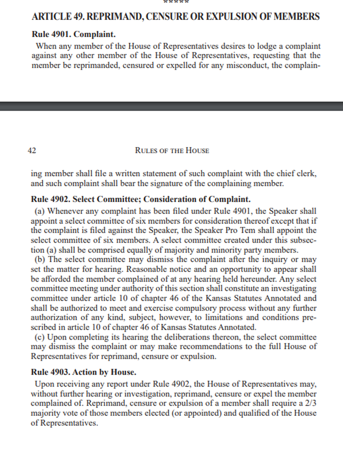 Kansas House of Representatives rules regarding expulsion, censure and reprimand of legislators.