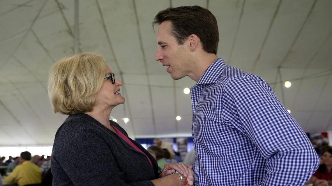 U.S. Sen. Claire McCaskill, a Democrat, spoke with Missouri Attorney General Josh Hawley, a Republican, during the Governor’s Ham Breakfast on Aug. 17 at the Missouri State Fair in Sedalia. Hawley is a potential challenger for McCaskill’s seat.