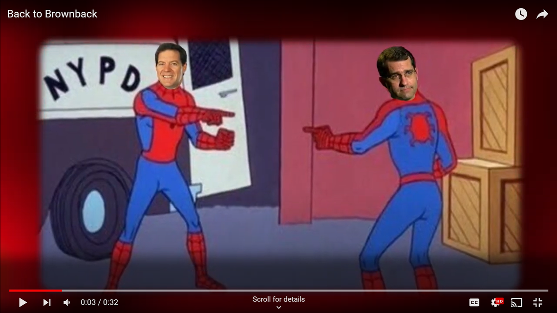 A recent ad from the Democratic Governors Association superimposes Republican gubernatorial nominee Derek Schmidt and former Kansas Gov. Sam Brownback’s faces onto a popular meme of two Spider-men pointing at each other.