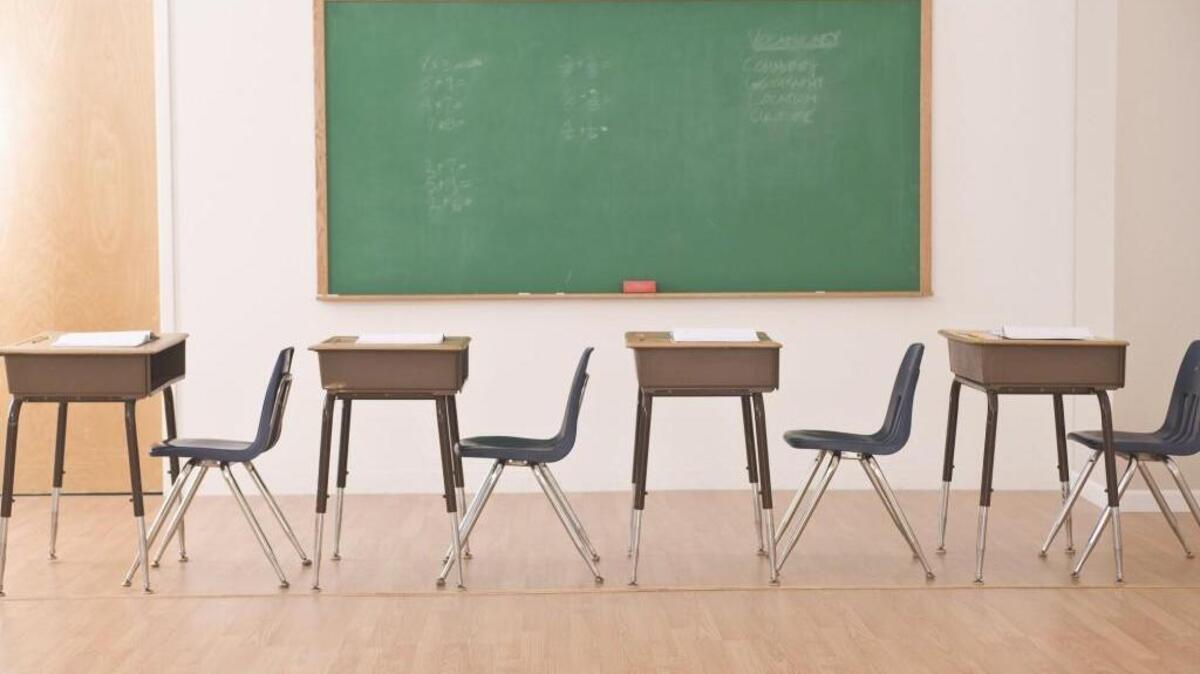 Desks in a classroom.
