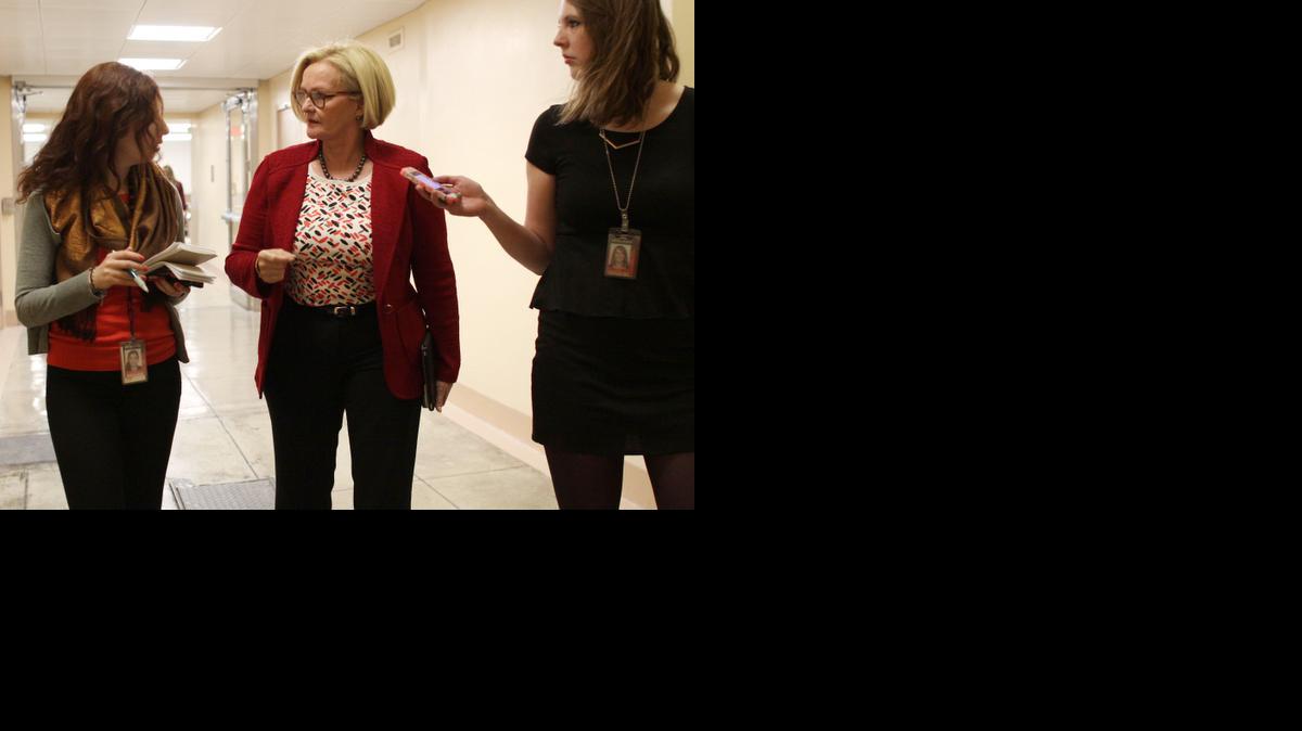 
Sen. Claire McCaskill, D-Mo., center talks to reporters on Capitol Hill in Washington, Wednesday
