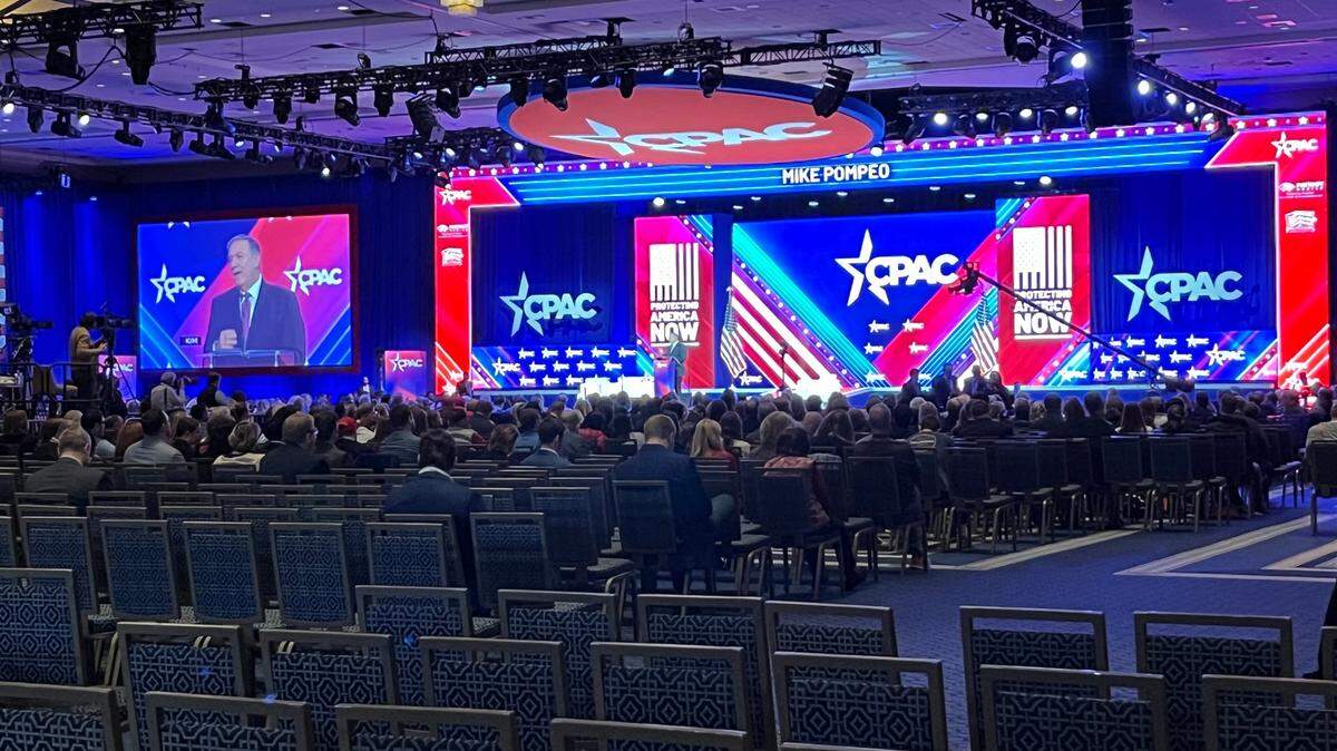 Former Secretary of State Mike Pompeo addresses a half-full auditorium at CPAC on Friday March 3, 2023, at the Gaylord National Harbor Resort & Convention Center. Former President Donald Trump will address the conference Saturday.