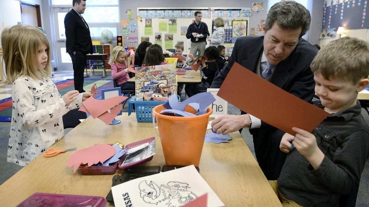 Kansas Gov. Sam Brownback visited Roesland Elementary School in Roeland Park last year. In the lawsuit Petrella v. Brownback, parents in the Shawnee Mission School District argue that Kansas shouldn’t cap the amount of local property tax money that the district can spend on education.