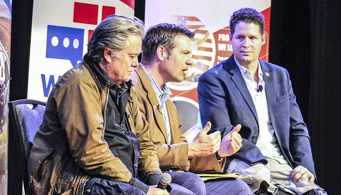 Iraq war veteran and triple amputee Brian Kolfage, right, has said that the charges against him are false and that ‘not a penny’ of the $25 million raised by nonprofit led by him and Steve Bannon, left, to build a border wall went to funding a lavish lifestyle, as the indictment charges.