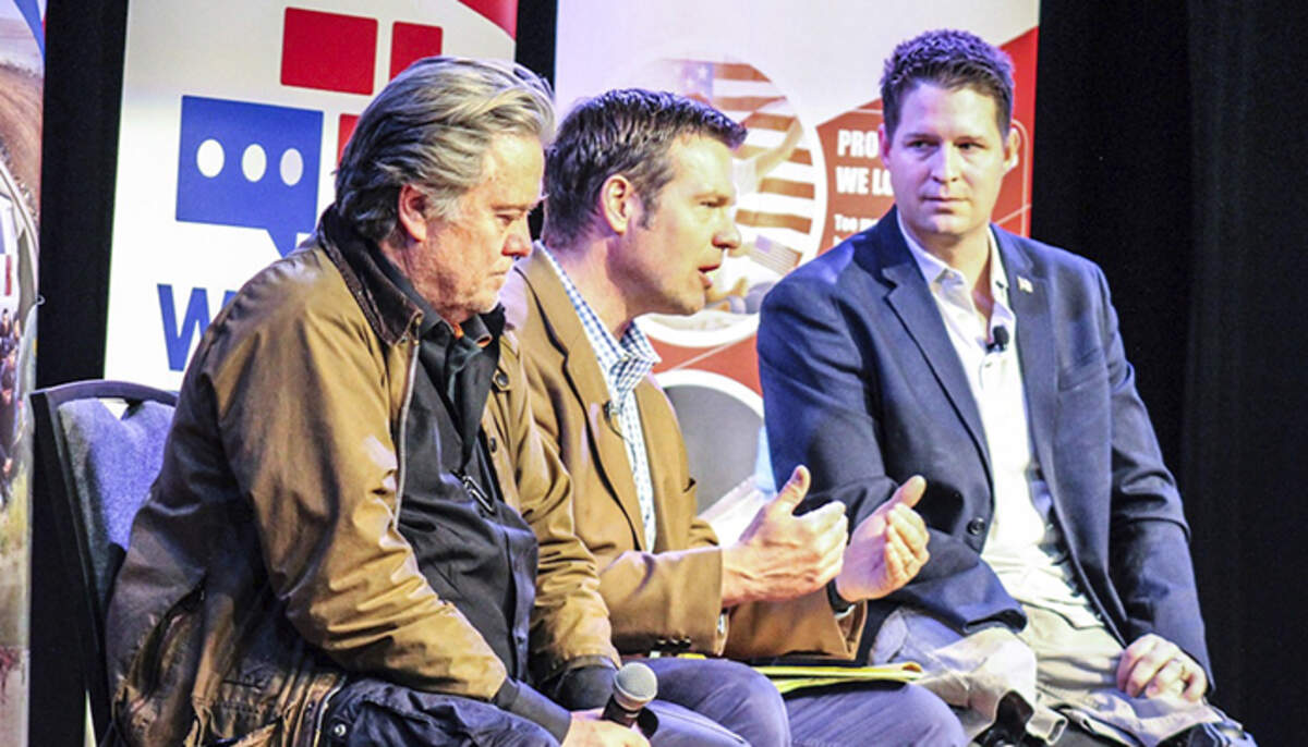 Iraq war veteran and triple amputee Brian Kolfage, right, has said that the charges against him are false and that ‘not a penny’ of the $25 million raised by nonprofit led by him and Steve Bannon, left, to build a border wall went to funding a lavish lifestyle, as the indictment charges.