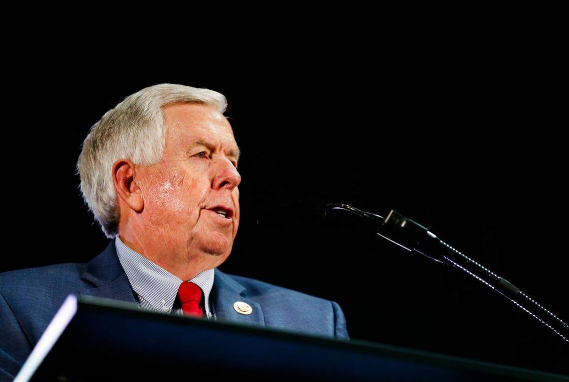 Missouri Gov. Mike Parson. The governor is considering whether to commute the sentence of former Kansas City police detective Eric DeValkenaere.