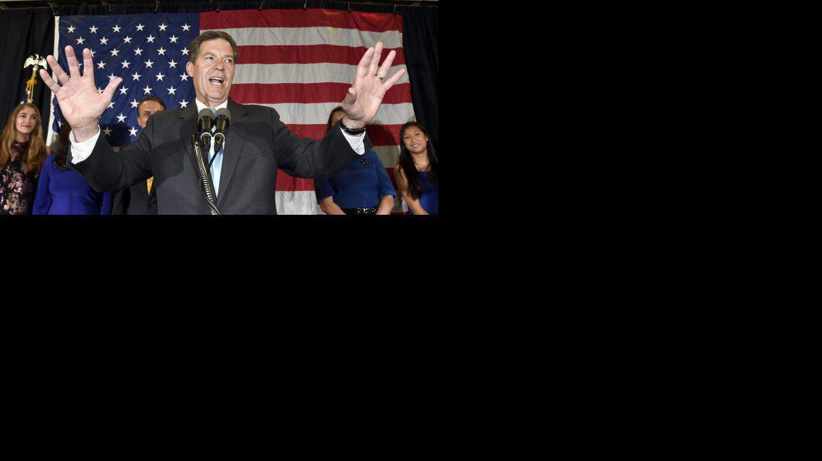 
Kansas Governor Sam Brownback made his victory speech during Tuesday's Republican election watch party on November 4, 2014, in Topeka, Kan.
