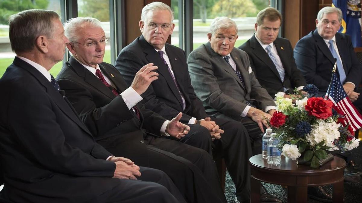 Missouri Gov. Jay Nixon (third from left) was joined by former governors (from left) John Ashcroft, Bob Holden, Kit Bond, Matt Blunt and Roger Wilson at a panel discussion on economic development Friday at Kansas City Southern.