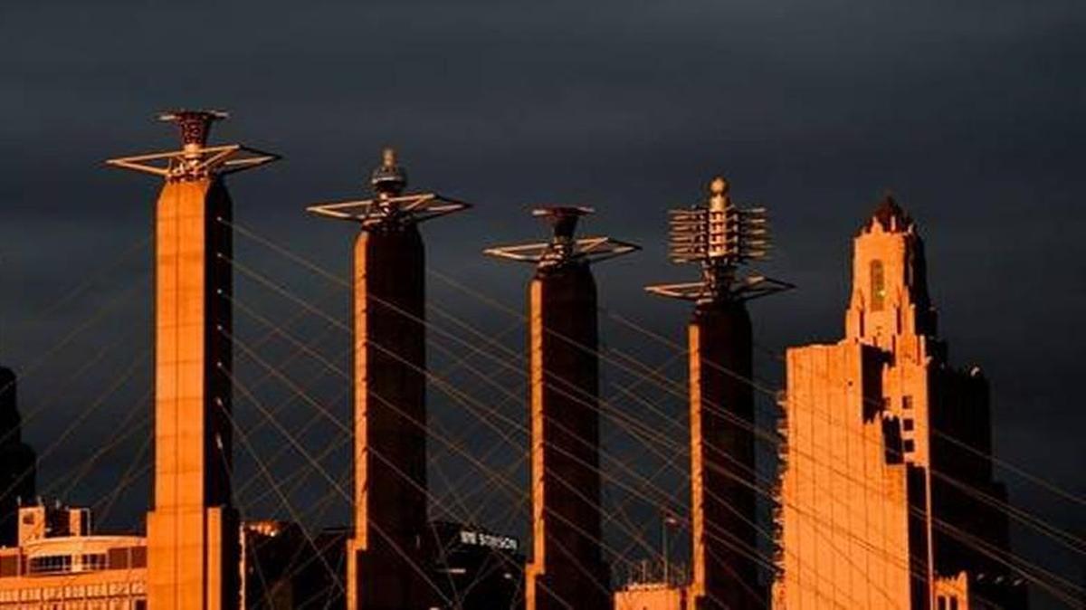 The easternmost Sky Stations sculpture (right) atop Bartle Hall needs repairs after a lightning strike.