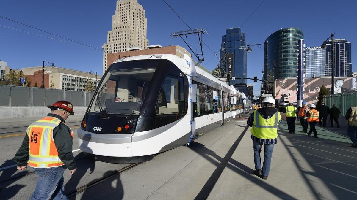 Kansas City’s first of four streetcars headed north on Main Street during testing last Friday.