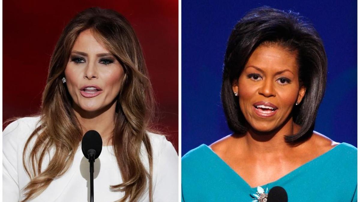 In this combination of photos, Melania Trump, left, wife of Republican Presidential Candidate Donald Trump, speaks during the opening day of the Republican National Convention in Cleveland, Monday, July 18, 2016, and Michelle Obama, wife of Democratic presidential candidate, Sen. Barack Obama, D-Ill., speaks at the Democratic National Convention in Denver, Monday, Aug. 25, 2008. Melania Trump's well-received speech Monday to the Republican National Convention contained passages that match nearly word-for-word the speech that first lady Michelle Obama delivered in 2008 at the Democratic National Convention.