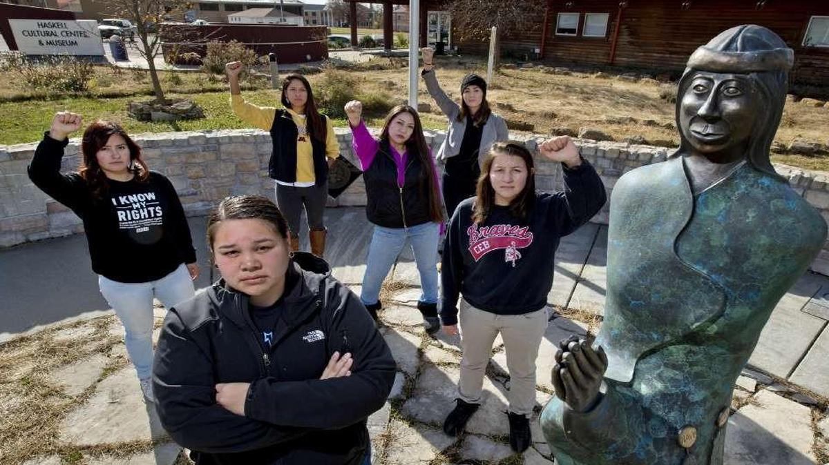 Native American students in Lawrence including Cante England (from left), Hanna White Bull, Jessica Arkeketa, Shereena Baker, Andi Weber and Chloe Gunville have been to the Standing Rock Reservation to support protesters of the Dakota Access pipeline. Here they are pictured at Haskell Indian Nations University in Lawrence.