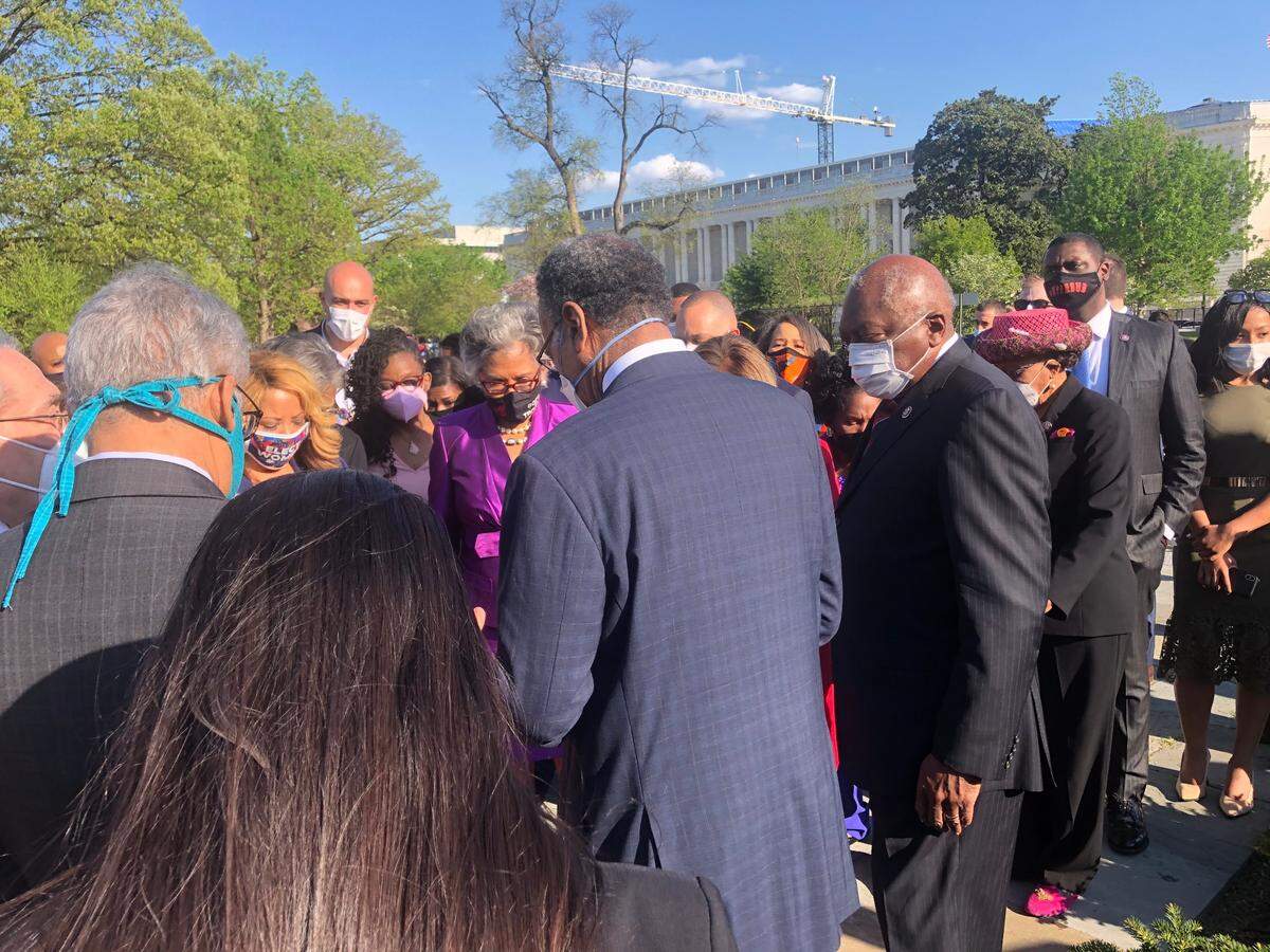 Missouri Democratic Rep. Cleaver leads members of the Congressional Black Caucus in prayer following Derek Chauvin’s conviction for the murder of George Floyd.