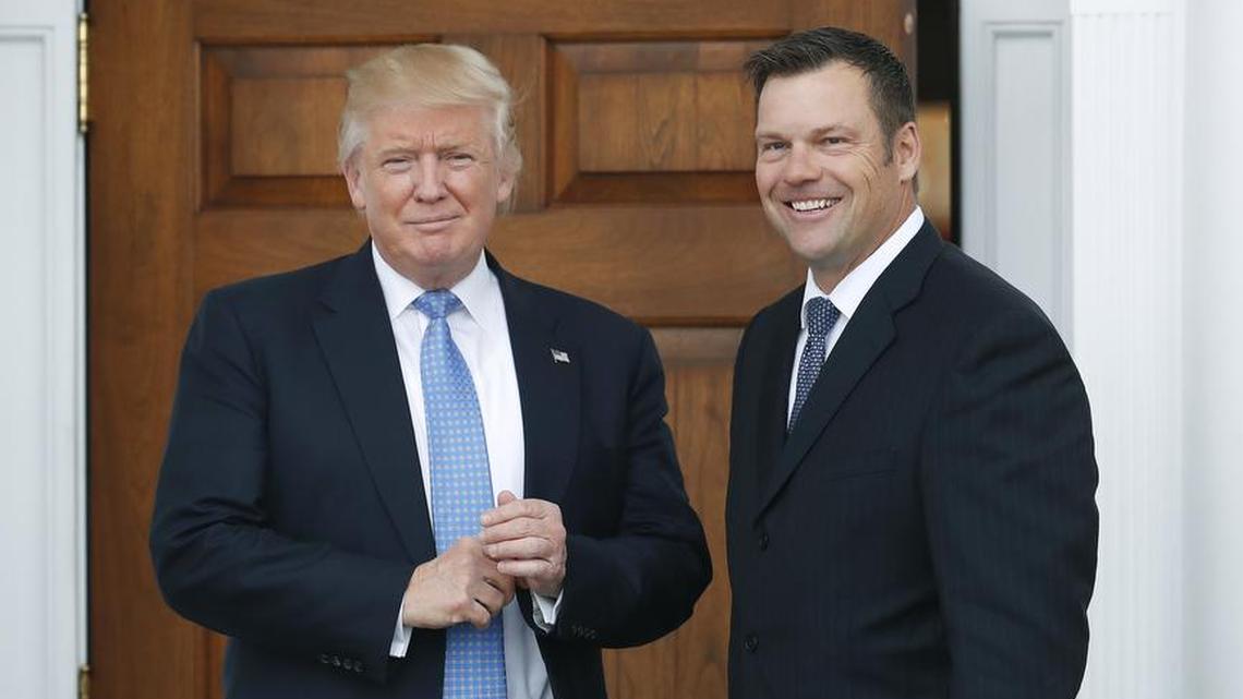 After the election a year ago, Kansas Secretary of State Kris Kobach (right) met with then President-elect Donald Trump in Bedminster, N.J. Kobach said in a deposition unsealed Oct. 26 that he had discussed with the Trump election fraud commission a requirement that people produce documentary proof of citizenship to register to vote.