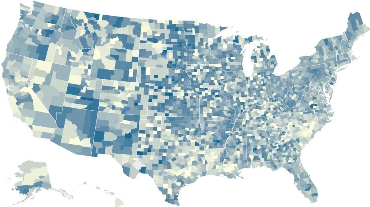 Counties with the greatest decrease in flood insurance since 2012 appear darker.