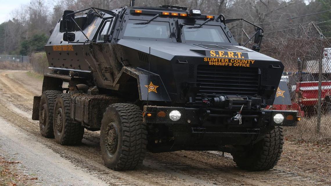 
A 54,000-pound transporter, a hulking military-styled tactical vehicle known as the MRAP Caiman, is the sort of military leftover that’s ended up in the hands of local police.
