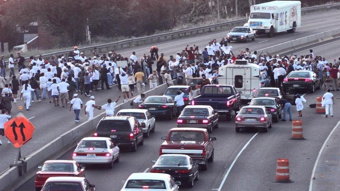 When protesters blocked Interstate 70 in St. Louis the day after Michael Brown was killed, in 2014, it wasn’t the first time. In 1999 (shown), protesters stopped traffic on the highway in an attempt to bring attention to their demand for more minority employees and contractors along an interstate construction project.
