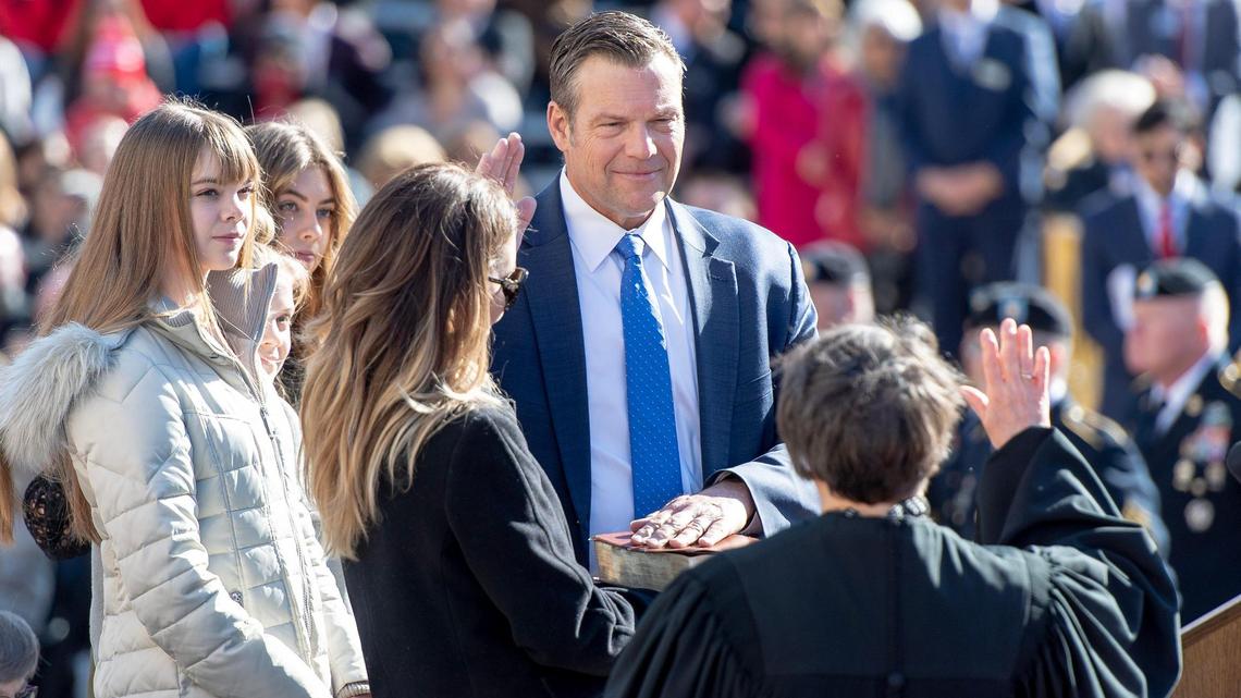 Kansas Attorney General Kris Kobach is sworn in during an inauguration ceremony on the south steps of the Kansas Capitol building on Monday, Jan. 9, 2023, in Topeka.
