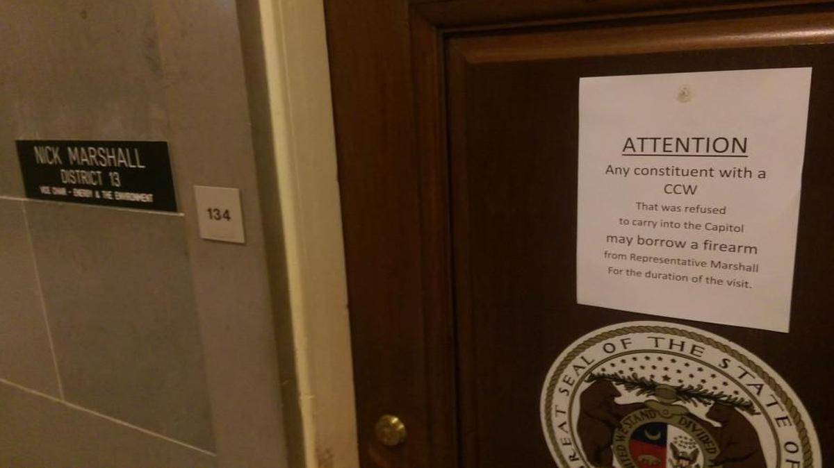 Rep. Nick Marshall has placed a sign on his door offering to lend guns to constituents who visit the Missouri Capitol.