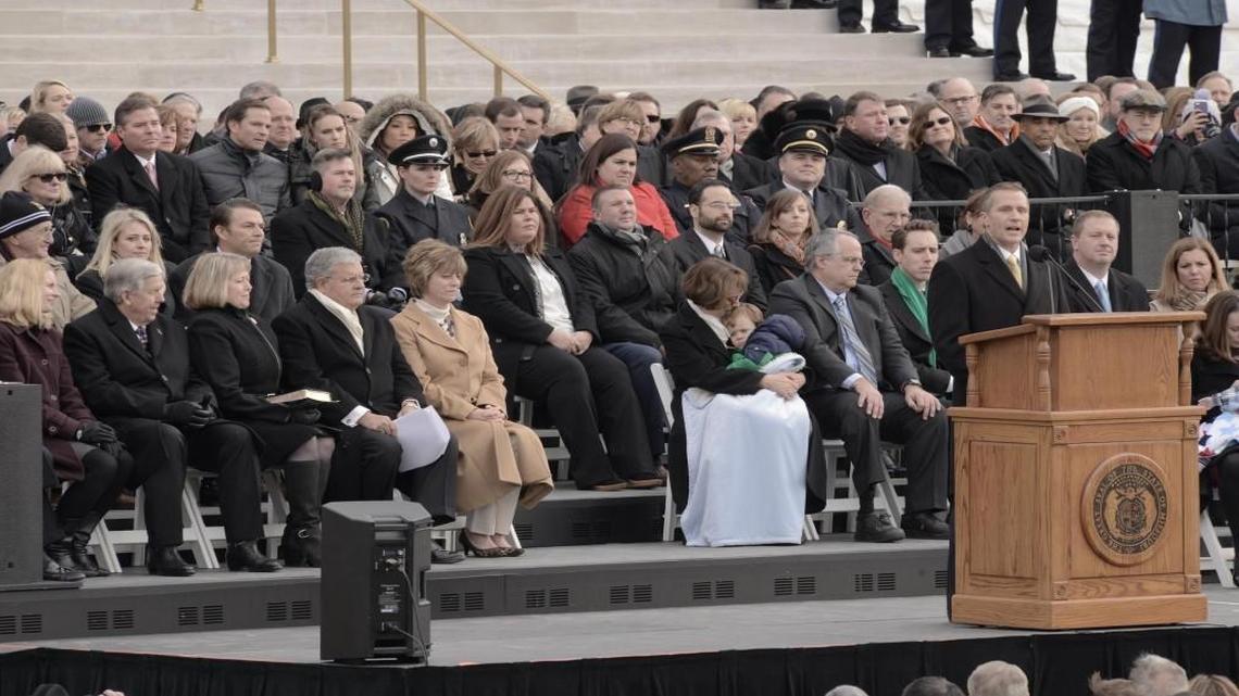 Gov. Eric Greitens delivered his inaugural address on Monday while Sillicon Valley investor Michael Goguen was among those looking on from the stage.
